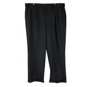 Eddie Bauer Classic Fit Black Wool Pants 38x32 Button Zip Pleated Cuffed Hem